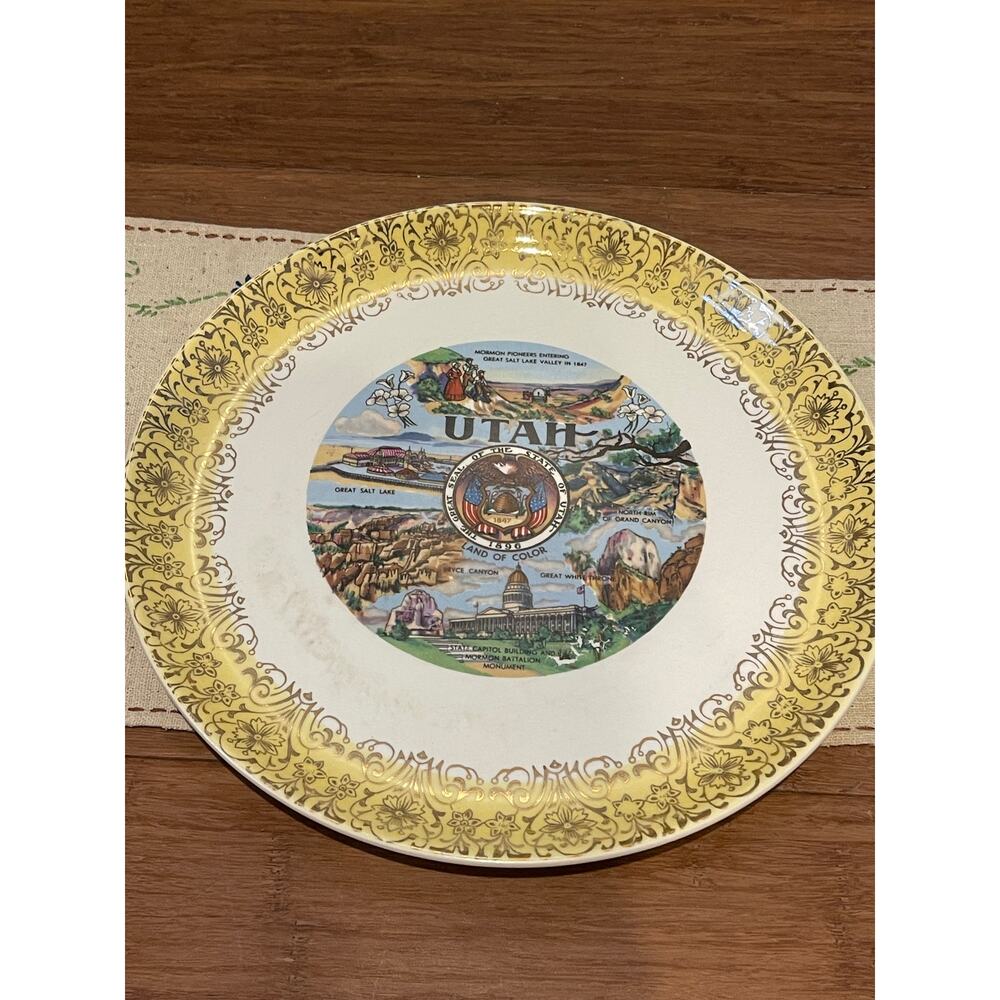 Vintage State of Utah Plate Gold Gilt Land of Color Bryce Canyon Great White
